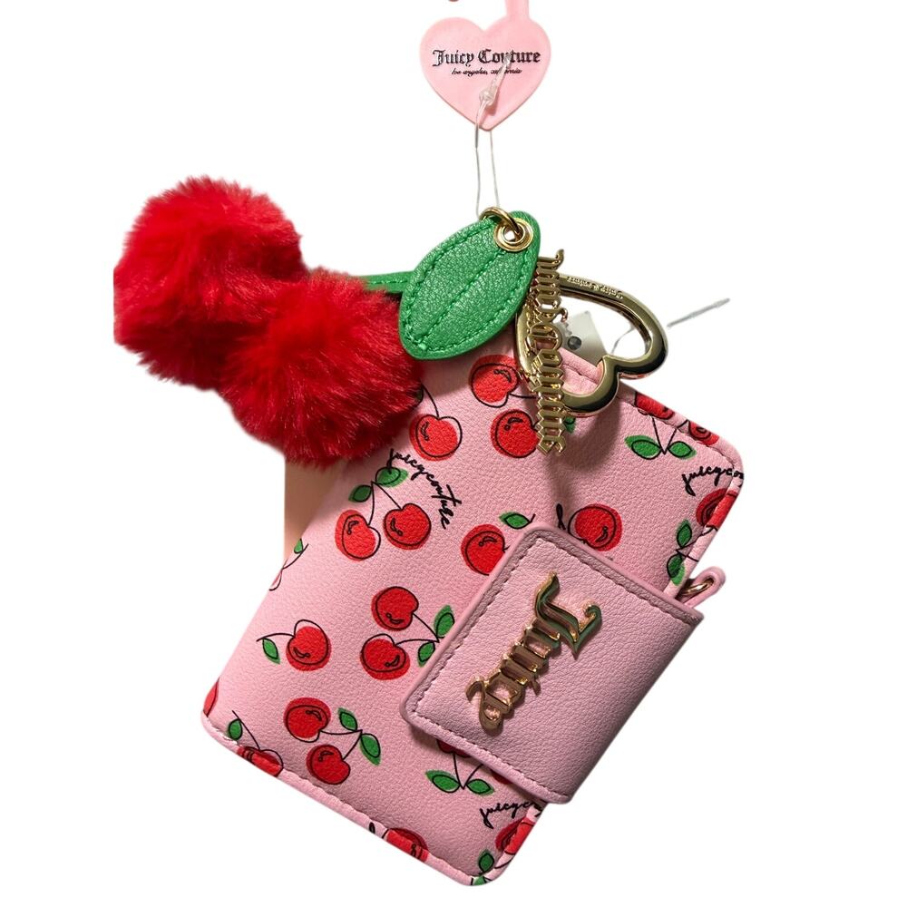 Juicy Couture Pink Cherry Wallet with Pom‑Pom Keychain & Gold Logo New